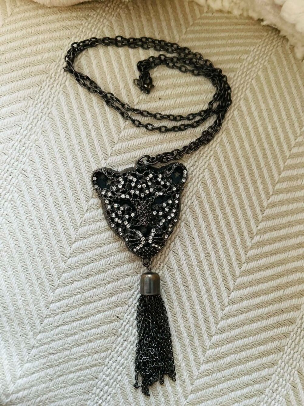 Fierce Gunmetal Pavé Crystal Panther Head Tassel Long Statement Necklace – OS